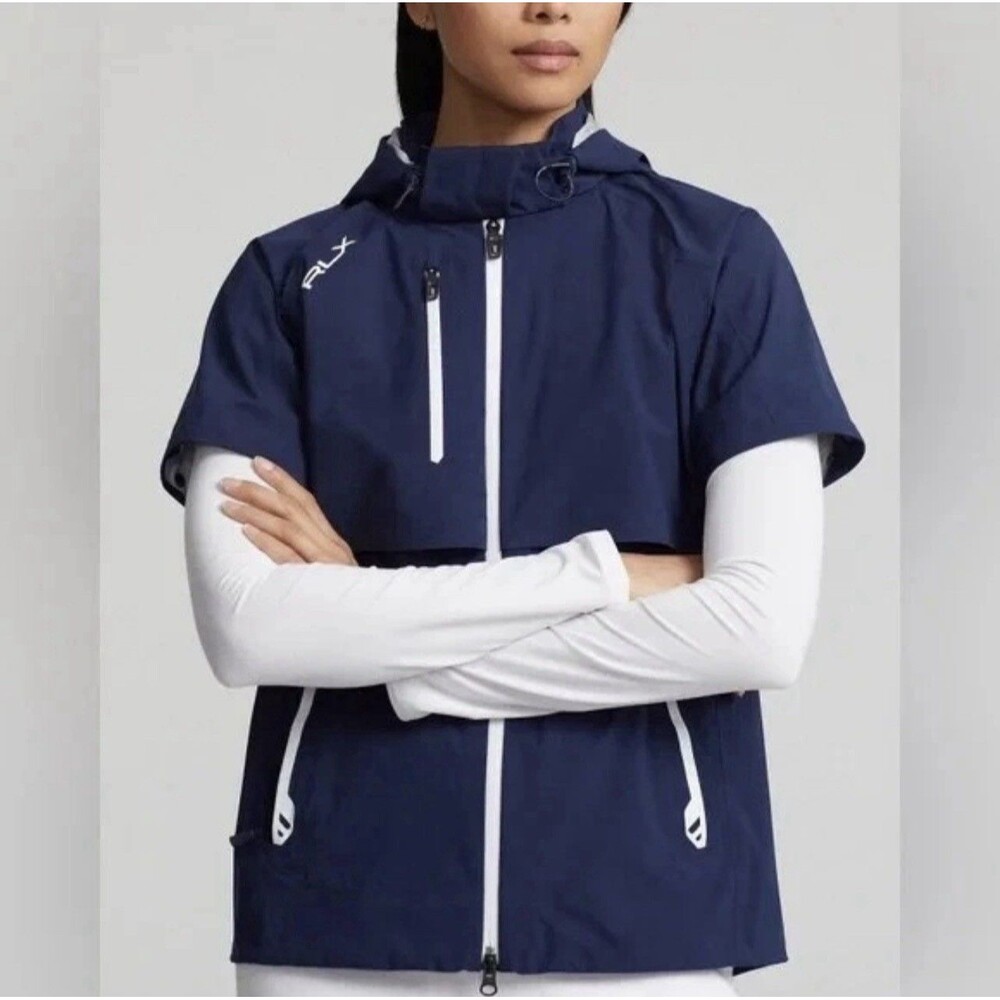RLX RALPH LAUREN New Golf Waterproof Hooded Windbreaker SMALL Jacket Navy Womens
